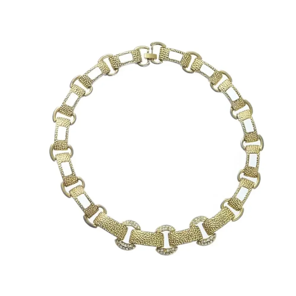 Vintage 80s Gold Tone Hammered Link Choker Necklace Crystal Rhinestone Collar